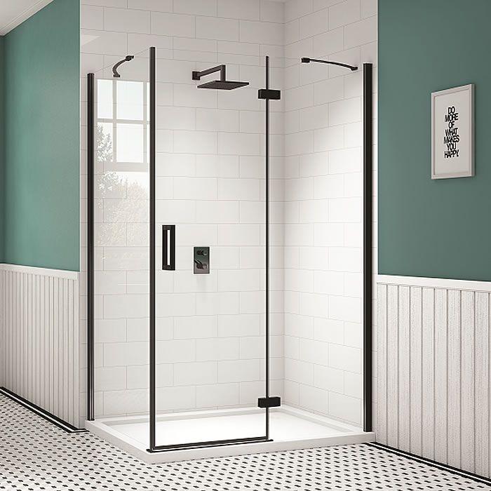 Merlyn black hinge door with inline and side panel in wet room