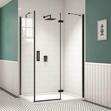 Merlyn black hinge door with inline and side panel in wet room