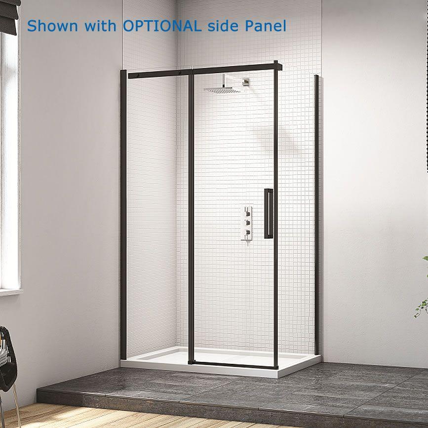 Merlyn black sliding shower door in modern bathroom