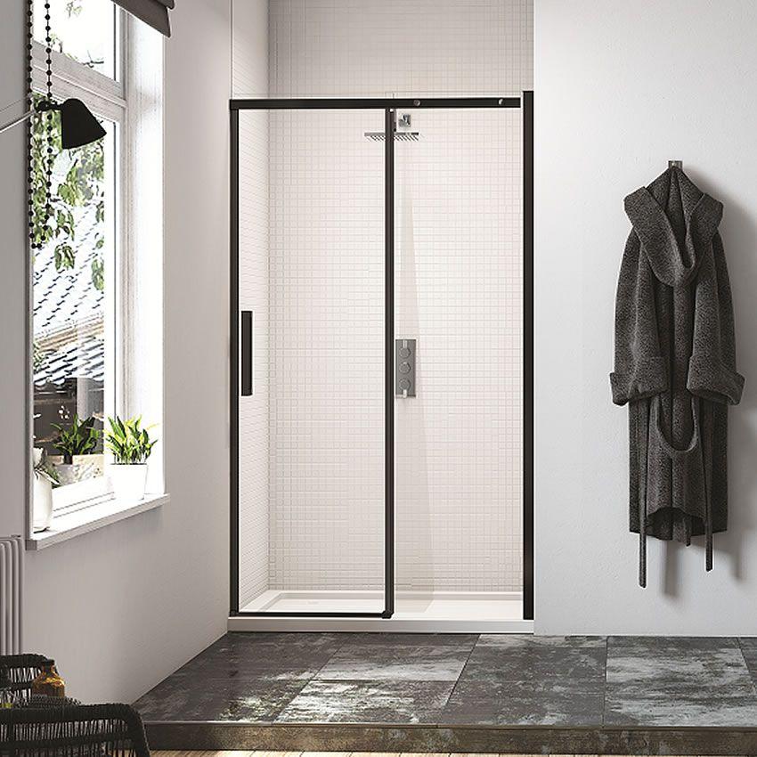 Merlyn black sliding shower door in modern bathroom