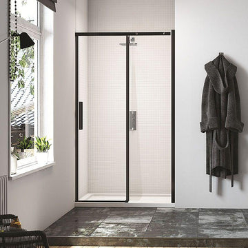 Merlyn black sliding shower door in modern bathroom