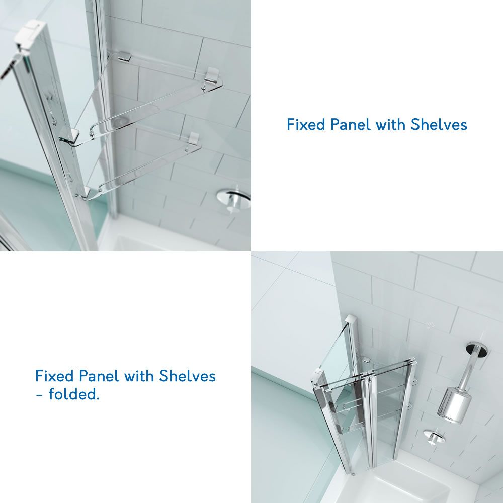 Fixed panel with shelves on Merlyn bath screen