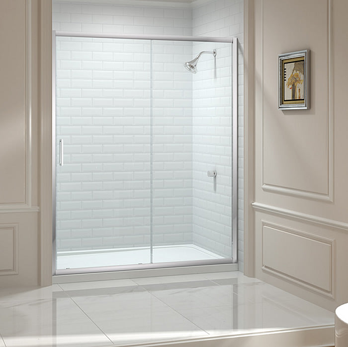 Merlyn 8 Series Sliding Shower Door in a modern wet room with white subway tile walls and chrome hardware. Premium shower enclosure for contemporary bathrooms.
