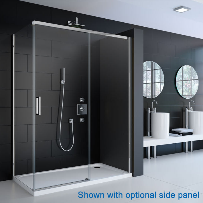 Merlyn 8 Series Frameless Sliding Shower Door in a modern wet room with black tiled walls and optional side panel, ideal for luxury bathrooms.