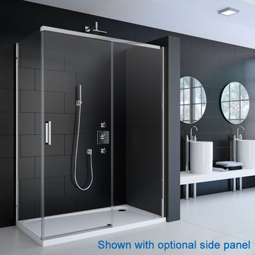 Merlyn 8 Series Frameless Sliding Shower Door in a modern wet room with black tiled walls and optional side panel, ideal for luxury bathrooms.