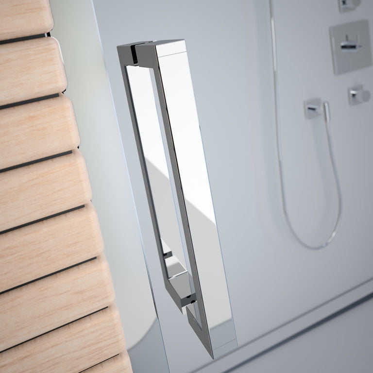 Merlyn 8 Series Frameless Sliding Shower Door in a modern wet room with black tiled walls and optional side panel, ideal for luxury bathrooms.