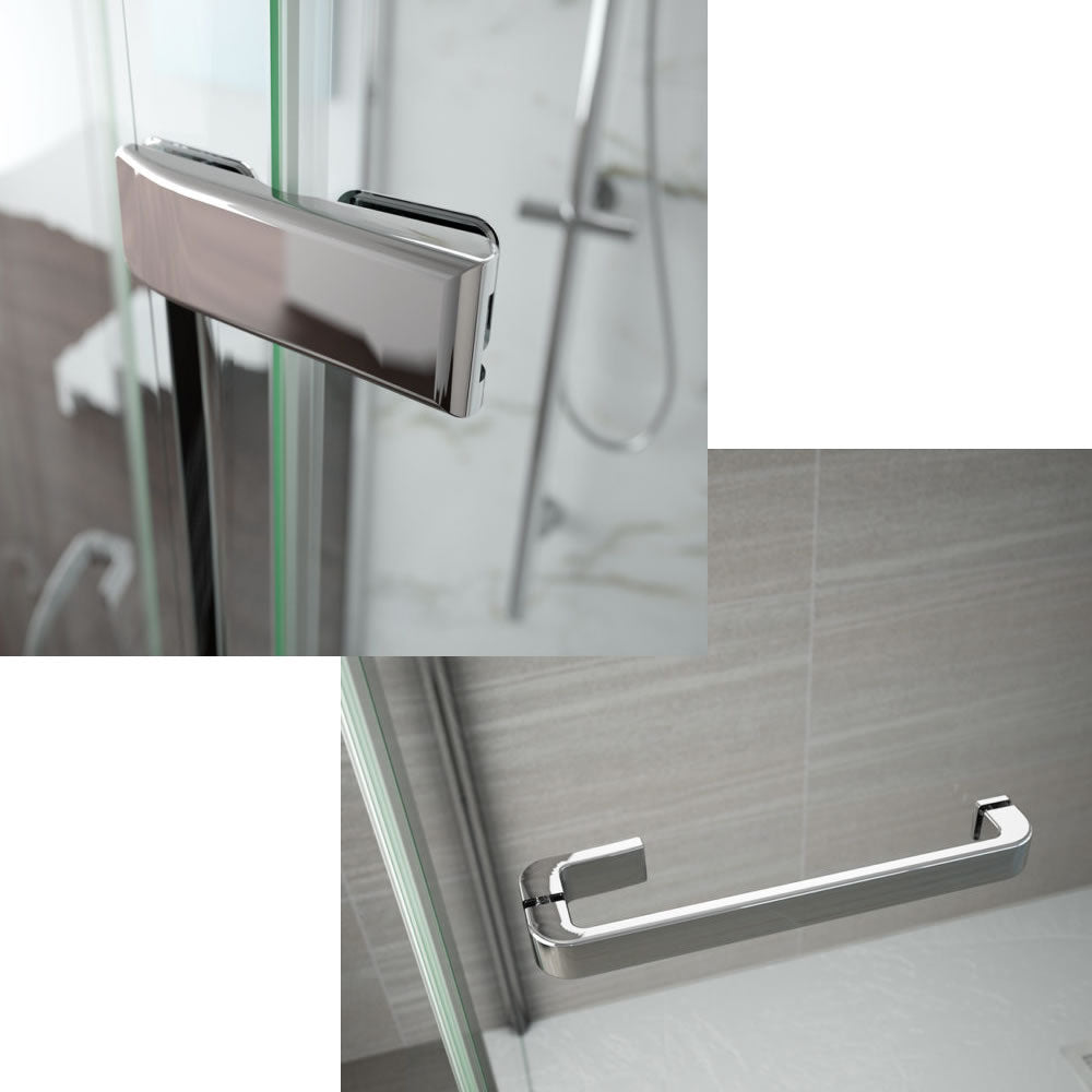 Merlyn 8 Series Frameless Hinged Shower Door & Inline Panel in a modern wet room with chrome fittings and minimalist glass design.