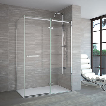 Merlyn 8 Series Frameless Hinged Shower Door & Inline Panel with Side Panel in a modern wet room with chrome fittings and minimalist design.