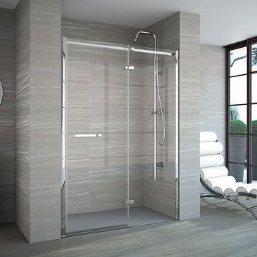 Merlyn 8 Series Frameless Hinged Shower Door & Inline Panel in a modern wet room with chrome fittings and minimalist glass design.