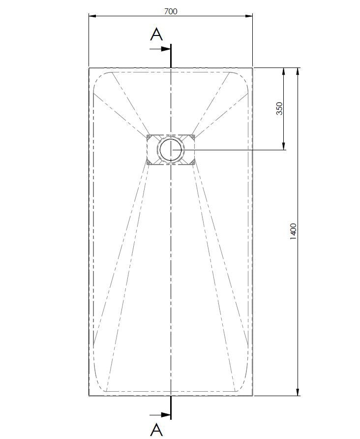 Technical drawing of AKW Onyx Low Level White Slate Effect Shower Tray, showing dimensions of 1400 x 700 x 26mm and drainage placement.