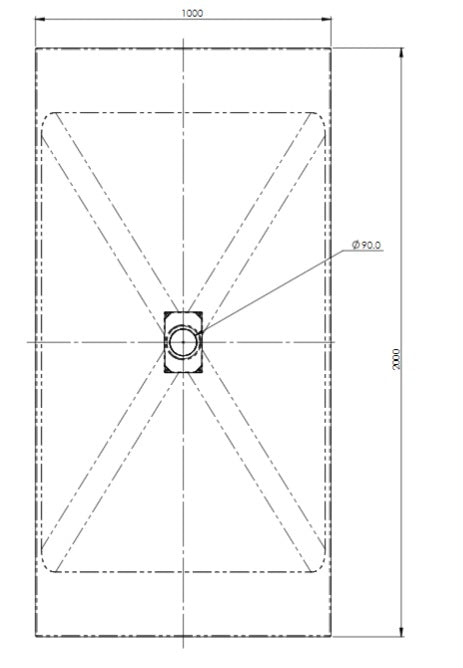 Dimensional drawing of the AKW Onyx Low Level Shower Tray, 2000 x 1000 x 26mm, detailing the center waste placement and drainage layout.