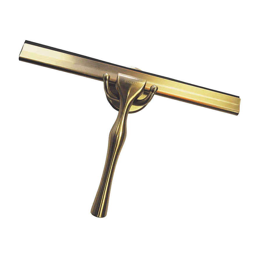 Roman Shower Blade Shower Screen Squeegee in brushed brass finish, designed for effective water removal with an ergonomic handle and wall hanger.