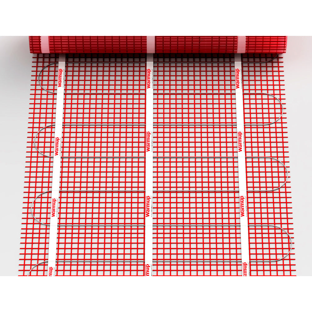 Close-up of red Warmup Electric Underfloor Heating Sticky Mat with evenly spaced heating wires on adhesive mesh.