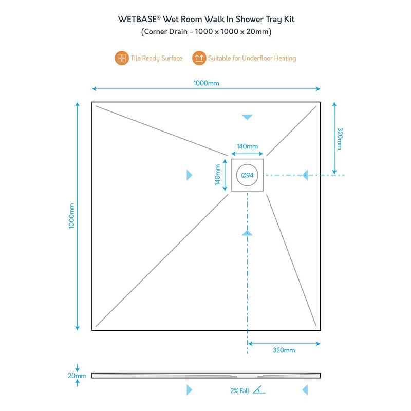 Technical diagram of WetBase® 1000 x 1000mm corner drain shower tray showing dimensions and slope for efficient drainage.