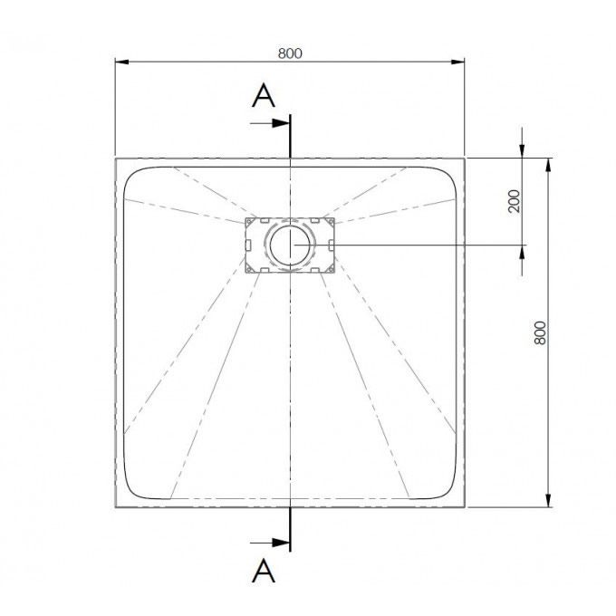 Technical drawing of 800x800mm shower tray