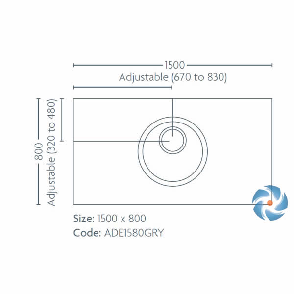 Technical diagram of Impey Aqua Dec Easy Fit wet room tray 1500 x 800 x 22mm showing adjustable drain positions and dimensions.