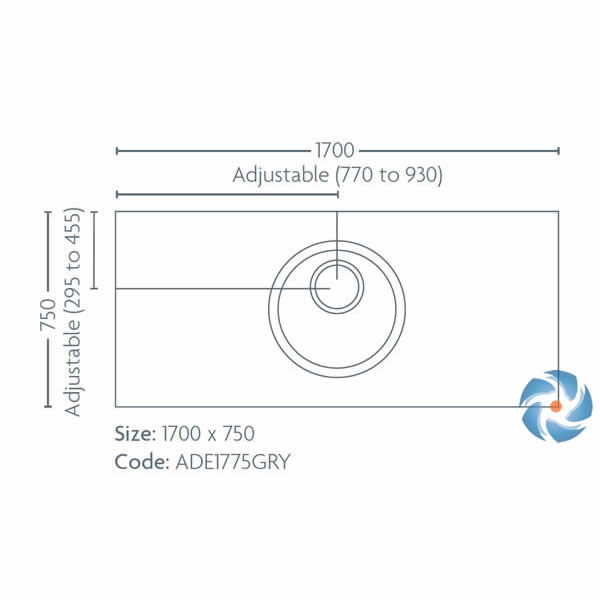 Technical diagram of Impey Aqua Dec Easy Fit tray showing dimensions 1700 x 750mm and adjustable drain positions for flexible installation.