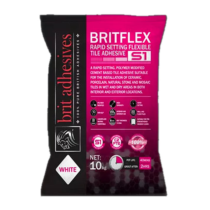 Britflex Rapidset S1 Flexible Adhesive 10kg White bag for wet room trays, ideal for WetBase and Jackoboard installations.