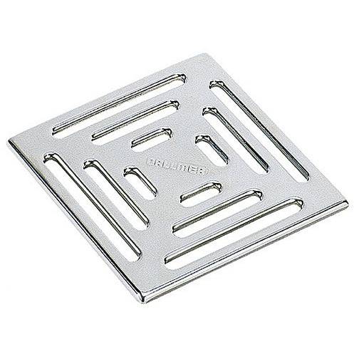 Stainless steel drain cover with linear slots.