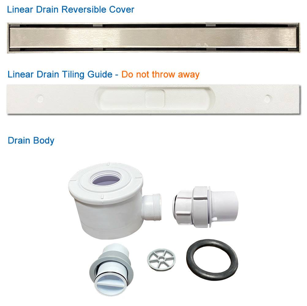 WetBase® Linear Drain components, including reversible cover, tiling guide, and drain body. Essential parts for efficient wet room drainage.