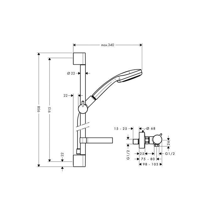 Hansgrohe Ecostat Comfort Combi Shower Set technical diagram