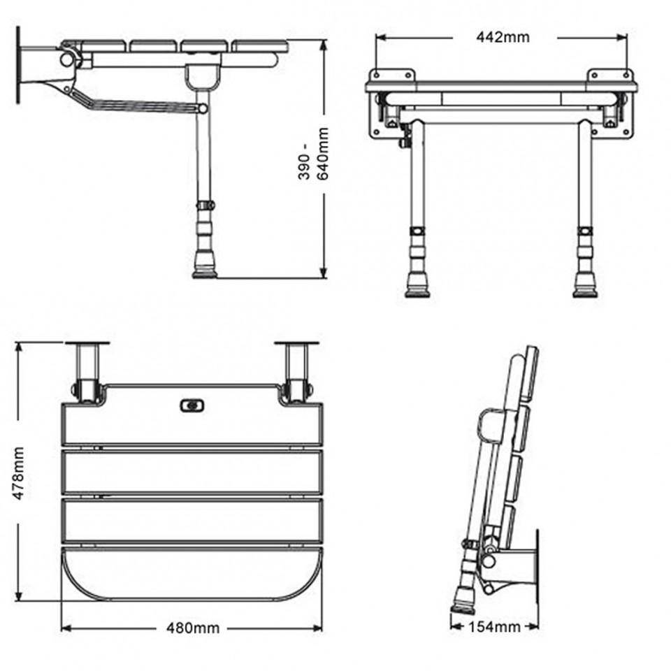 Technical diagram of AKW Medicare fold up shower seat dimensions