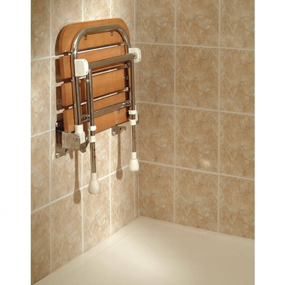 AKW Medicare fold up wooden slatted shower seat with support legs