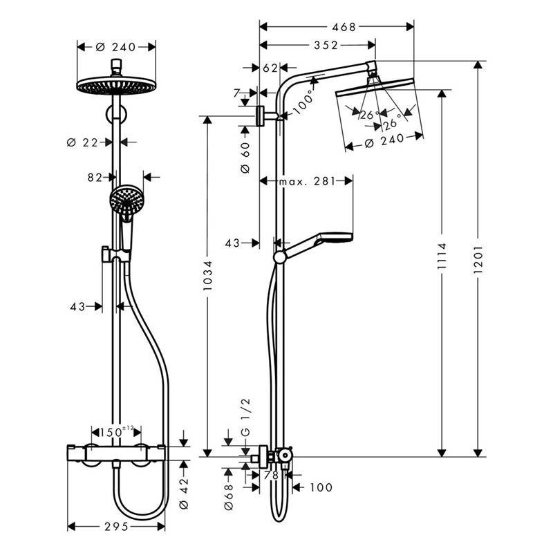 Hansgrohe Crometta S 240 Showerpipe technical dimensions