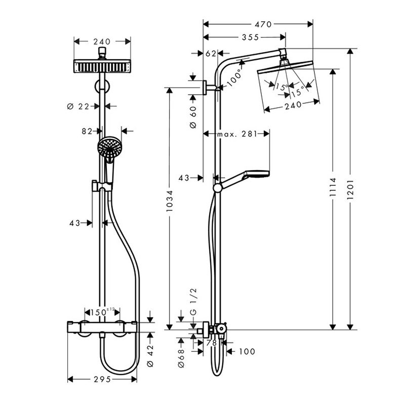 Hansgrohe Crometta E 240 Showerpipe technical diagram