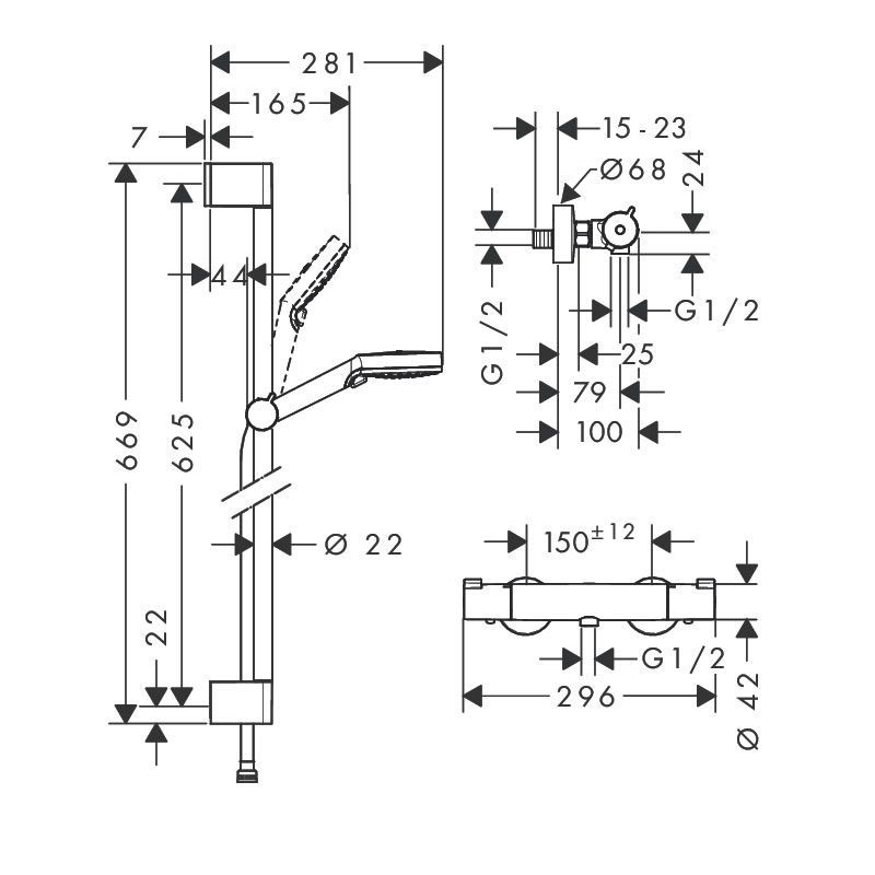 Technical diagram of Hansgrohe Ecostat 1001 CL shower set
