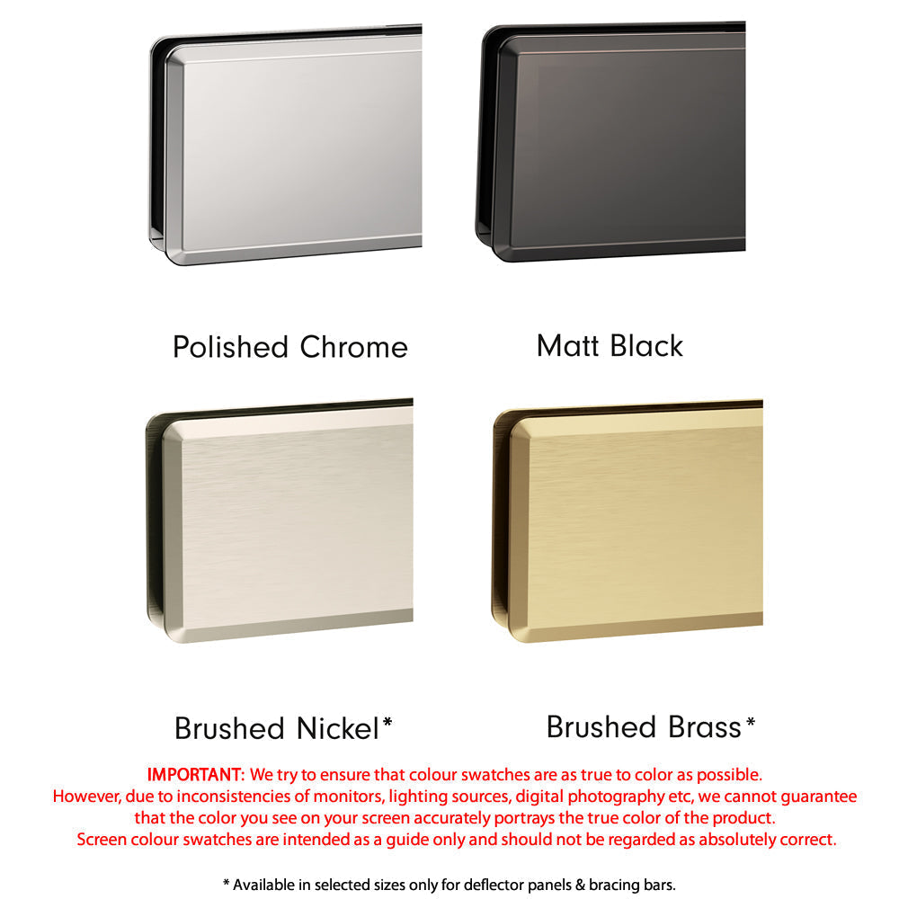 Roman Haven wetroom shower screen panel finish options: polished chrome, matt black, brushed nickel, and brushed brass. Color swatches for reference.