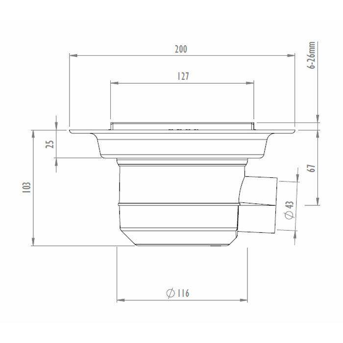 Technical diagram of Impey floor drain dimensions