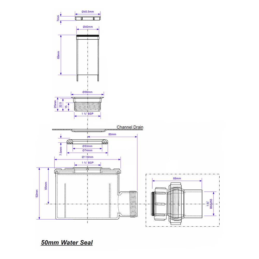 Technical diagram of 50mm water seal channel drain. Includes detailed measurements for precise installation in wet room shower trays.