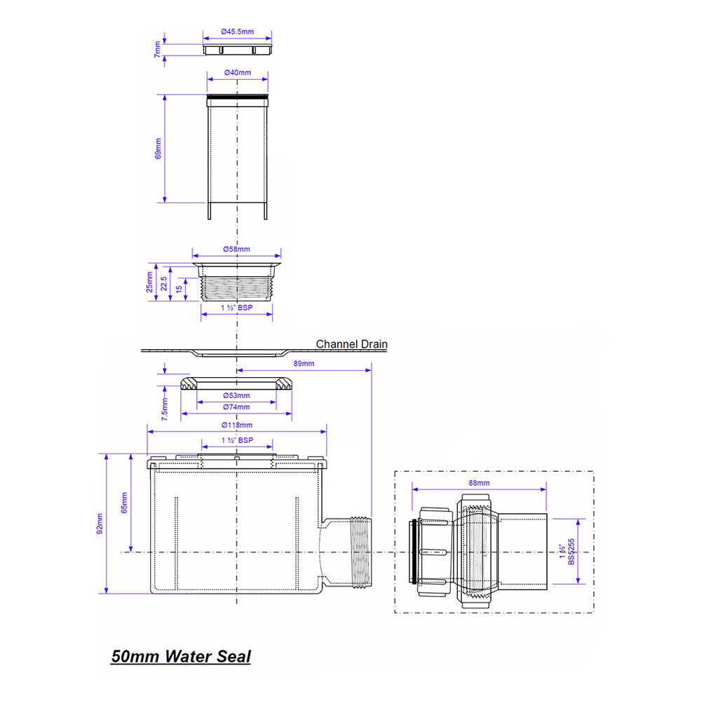 Technical drawing of 50mm water seal for WetBase Linear Wet Room Shower Tray, detailing dimensions and drain component specifications.