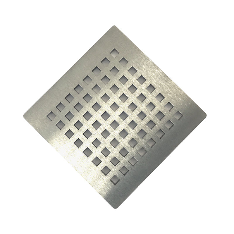 Brushed stainless steel Octad drain cover for WetBase® wet room shower trays, offering a square perforated design for optimal drainage.