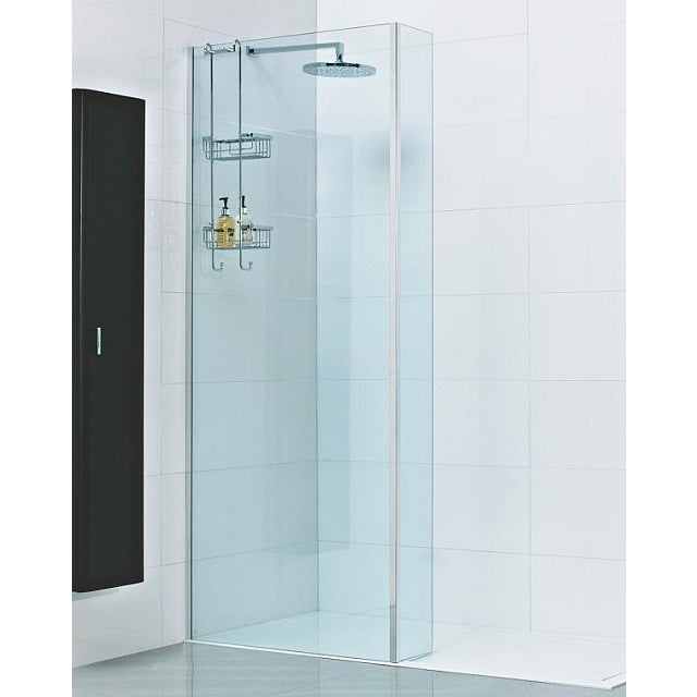 Roman Haven Fixed Shower Screen Deflector Panel, 200mm wide, installed in a modern wet room. Features a sleek glass design with a polished chrome finish.