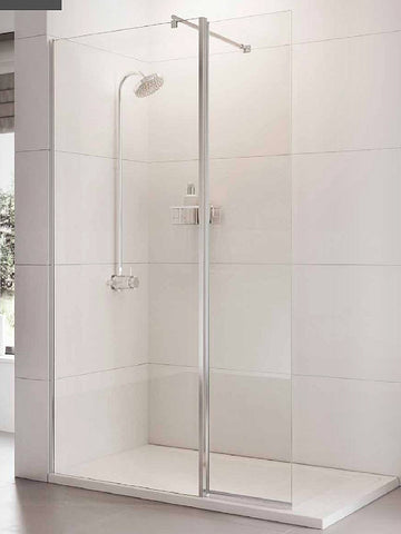Roman Haven Pivoting Shower Screen Deflector Panel installed in a modern wet room. Features a sleek frameless design with a chrome support bar.