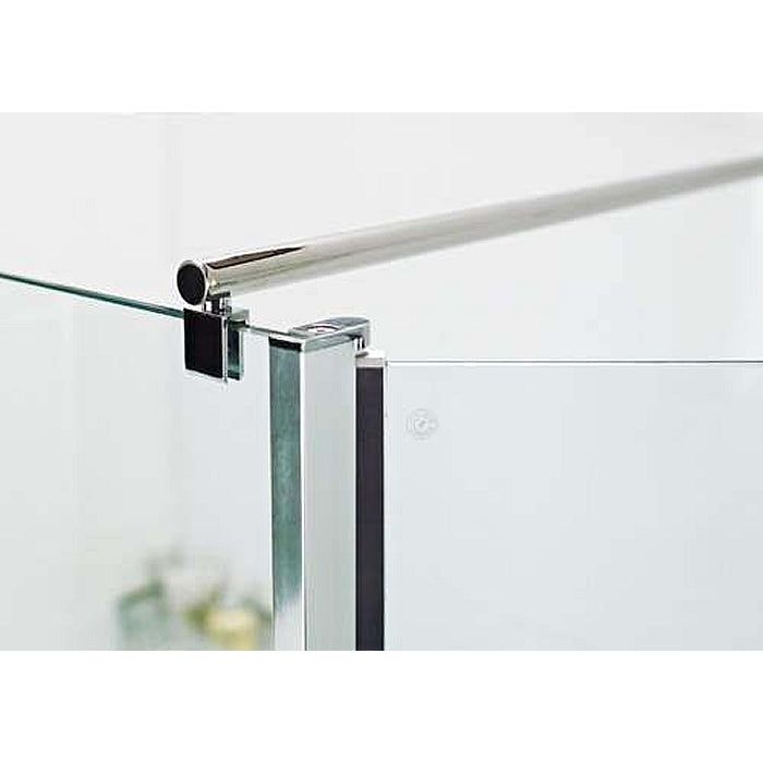 Roman Haven Pivoting Shower Screen Deflector Panel installed in a modern wet room. Features a sleek frameless design with a chrome support bar.