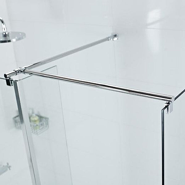 Roman Haven round side panel bracing support bar in chrome finish, providing stability to a shower screen with a side panel. Compatible with 8mm or 10mm thick glass panels.
