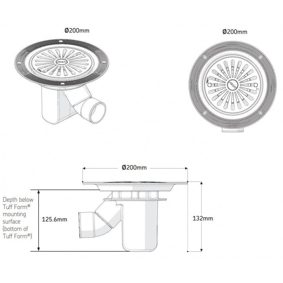 Technical drawing of round shower waste dimensions