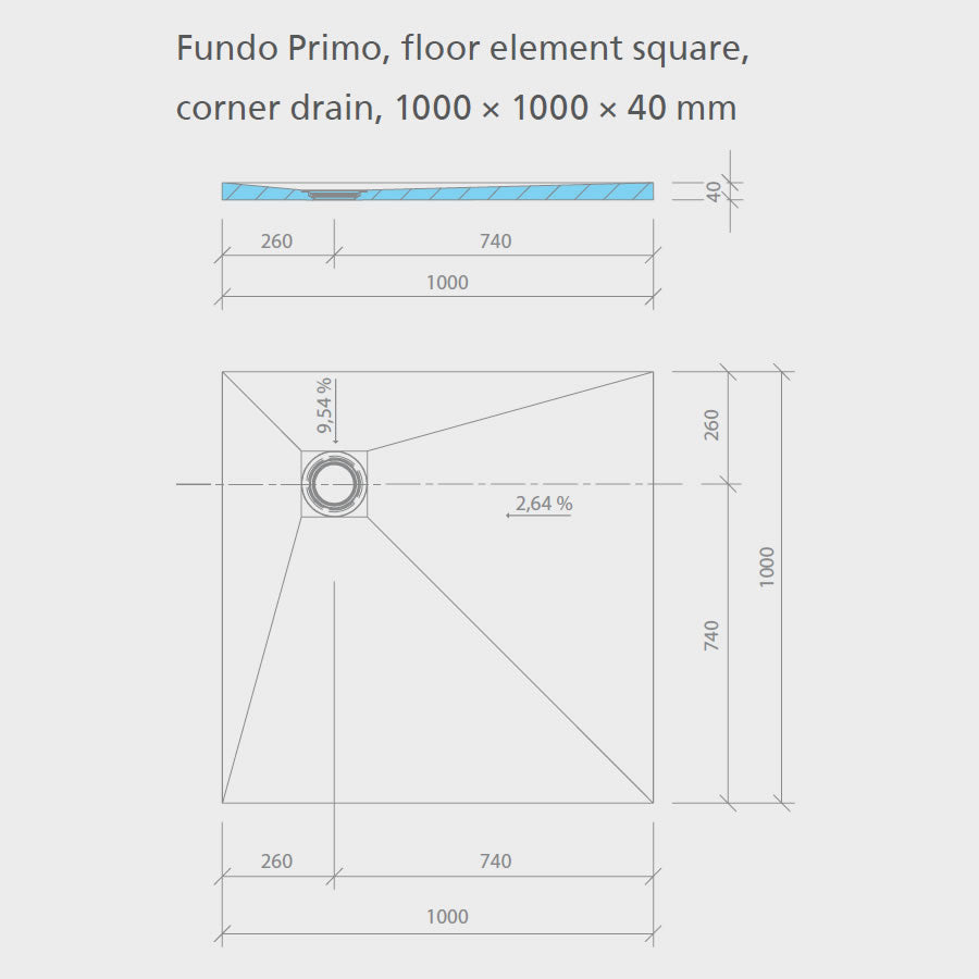 wedi Fundo Primo Wet Room Shower Tray: 1000 x 1000 x 40mm - CORNER Drain