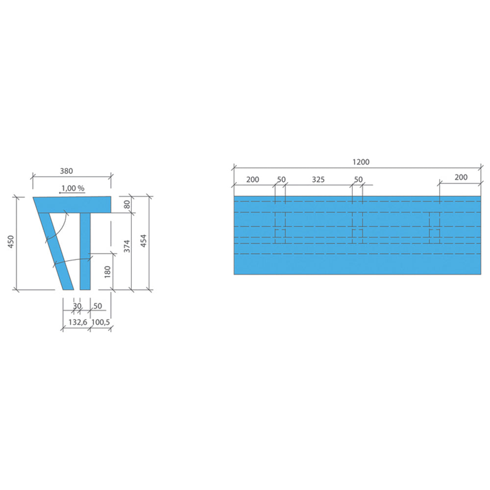 Dimension diagram of wedi Sanoasa Bench Wet Room Shower Seat - Angled, 1200mm version with detailed measurements for installation.