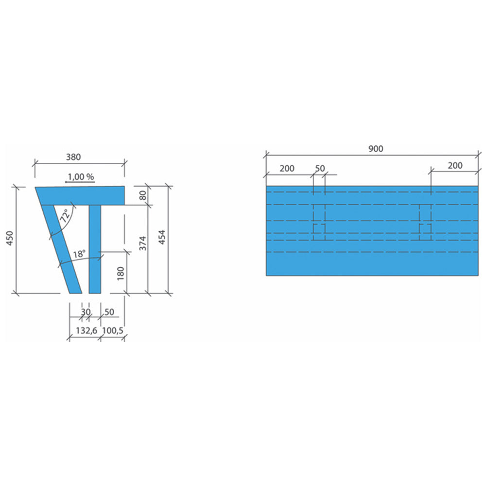 Technical drawing of wedi Sanoasa Bench Wet Room Shower Seat - Angled, showing 900mm dimensions and angled front design.