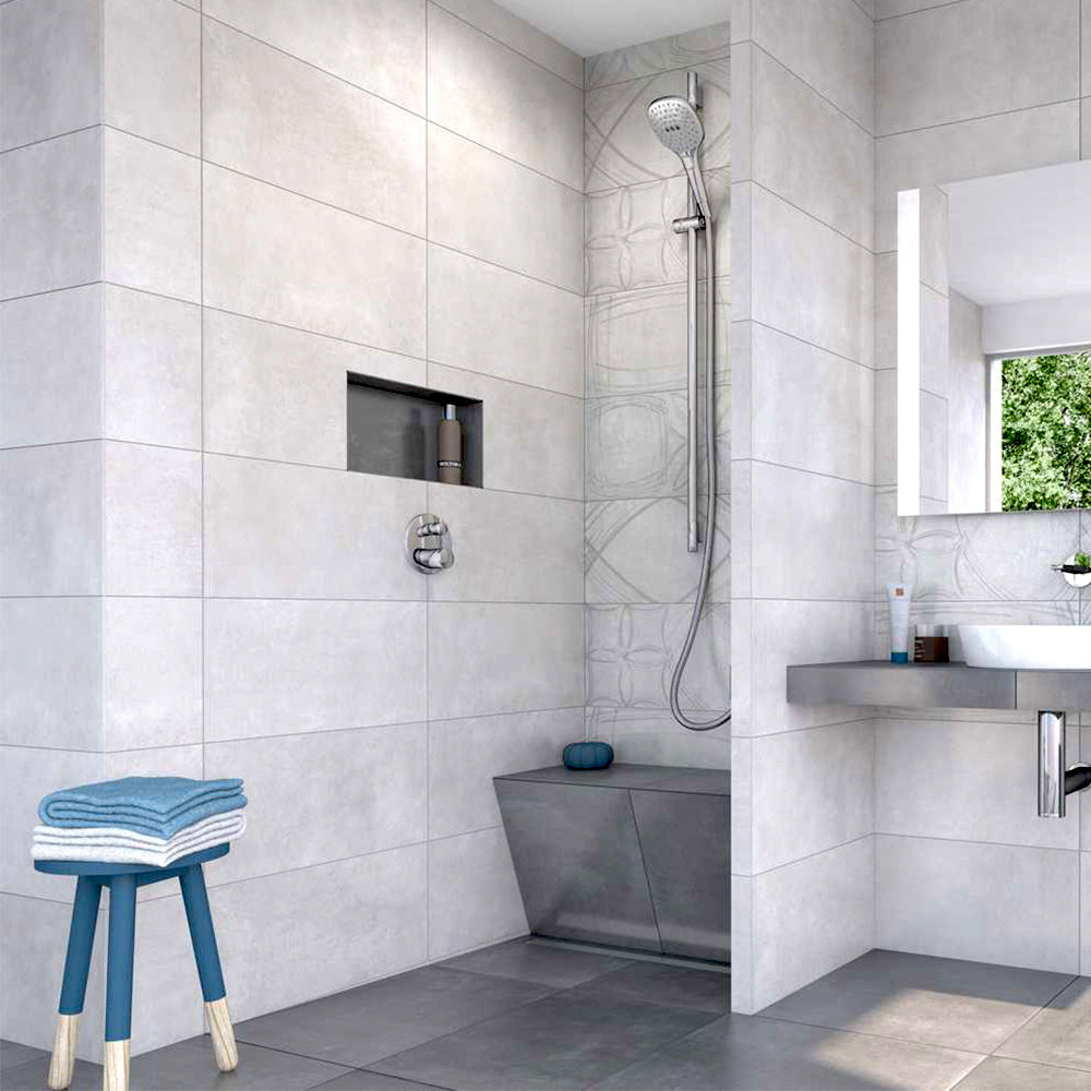 Modern bathroom featuring wedi Sanoasa Bench Wet Room Shower Seat - Angled, providing accessible seating in a tiled wet room.