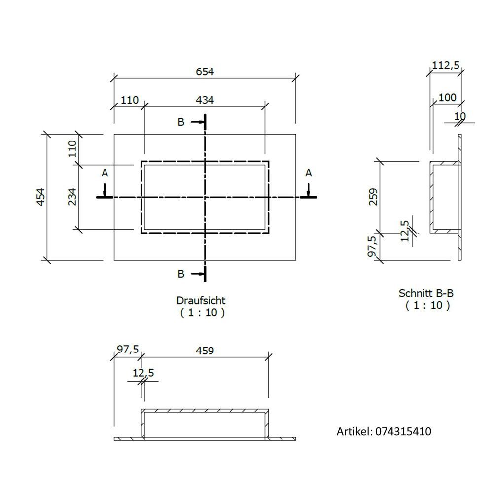 Technical drawing of wedi Sanwell wall niche dimensions