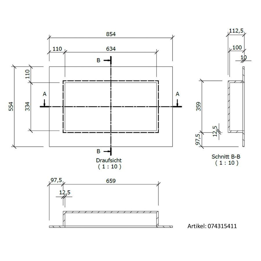 Technical drawing of wedi Sanwell wall niche dimensions