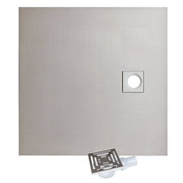 WetBase® 1200 x 1200mm walk-in shower tray with offset drain, ideal for tiled wet rooms on wood or concrete floors.